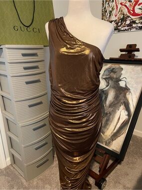Fashion Nova Metallic Brown One-Shoulder Ruched Gown